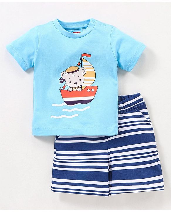 Babyhug Cotton Knit Half Sleeves T-Shirt & Shorts Set Boat Print - Navy Blue