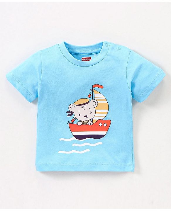 Babyhug Cotton Knit Half Sleeves T-Shirt & Shorts Set Boat Print - Navy Blue