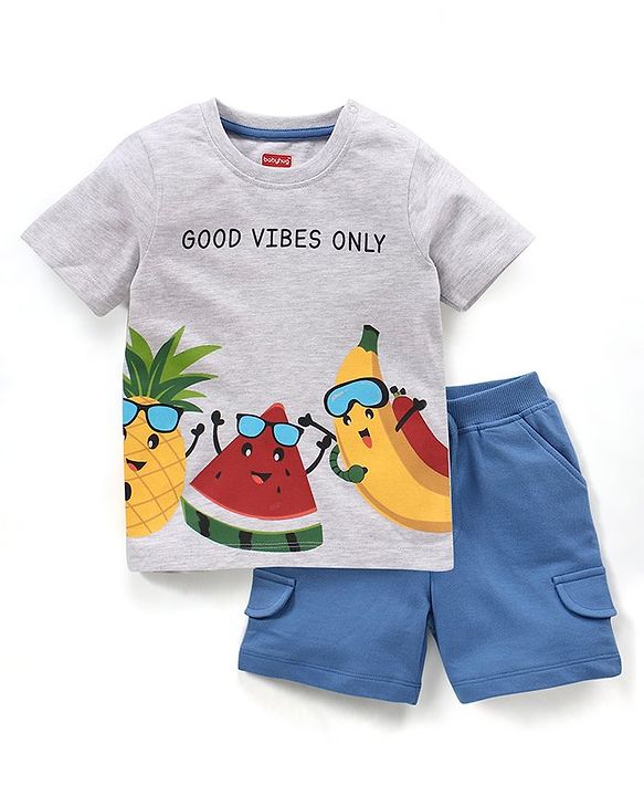 Babyhug Cotton Half Sleeves T-Shirt & Shorts Set Watermelon & Banana Print- White Melange & Blue