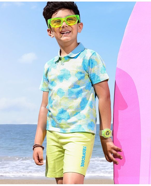 Babyhug 100% Cotton Knit Half Sleeves T-Shirt & Shorts Set Floral Print - Blue & Green
