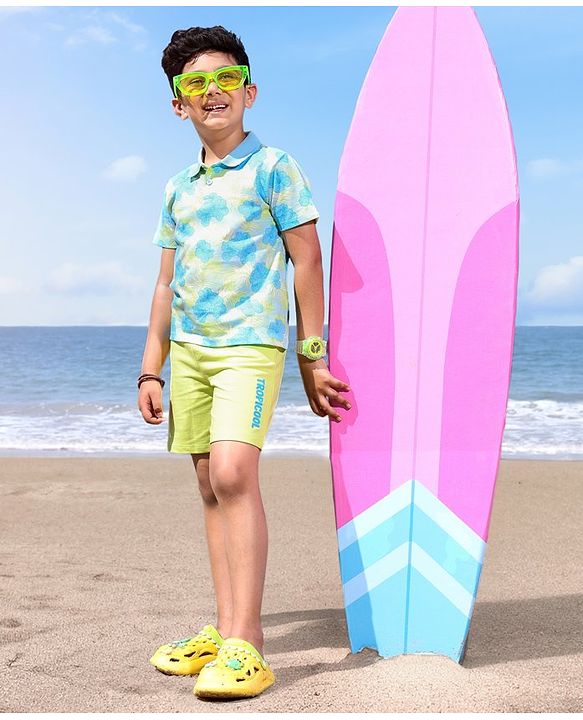 Babyhug 100% Cotton Knit Half Sleeves T-Shirt & Shorts Set Floral Print - Blue & Green