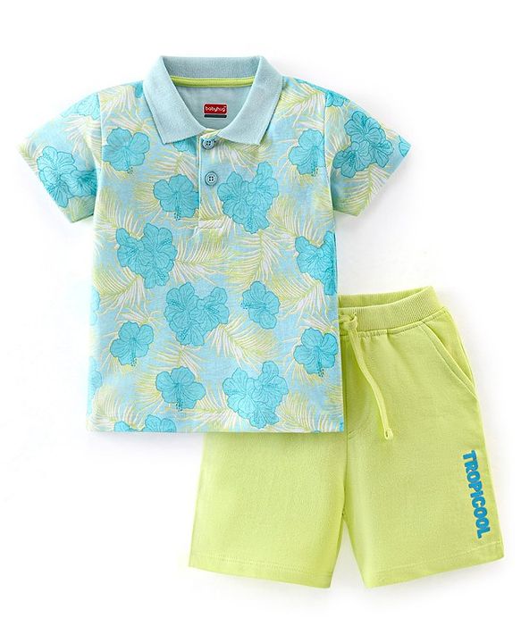Babyhug 100% Cotton Knit Half Sleeves T-Shirt & Shorts Set Floral Print - Blue & Green