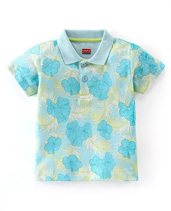 Babyhug 100% Cotton Knit Half Sleeves T-Shirt & Shorts Set Floral Print - Blue & Green