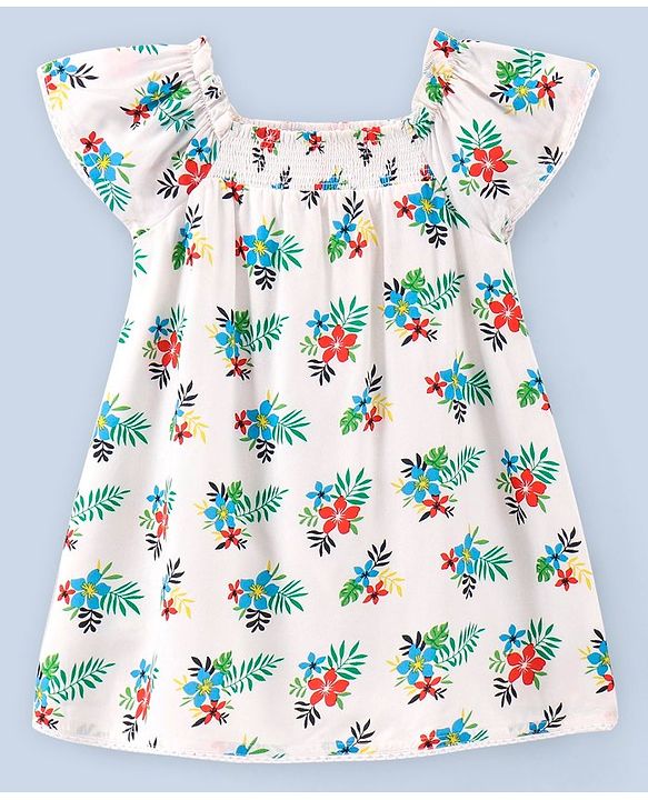 Babyhug Rayon Short Sleeves Floral Print Frock - White