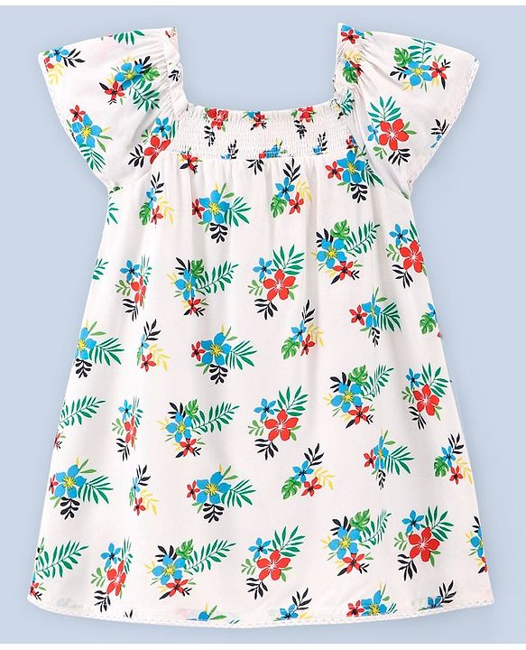 Babyhug Rayon Short Sleeves Floral Print Frock - White