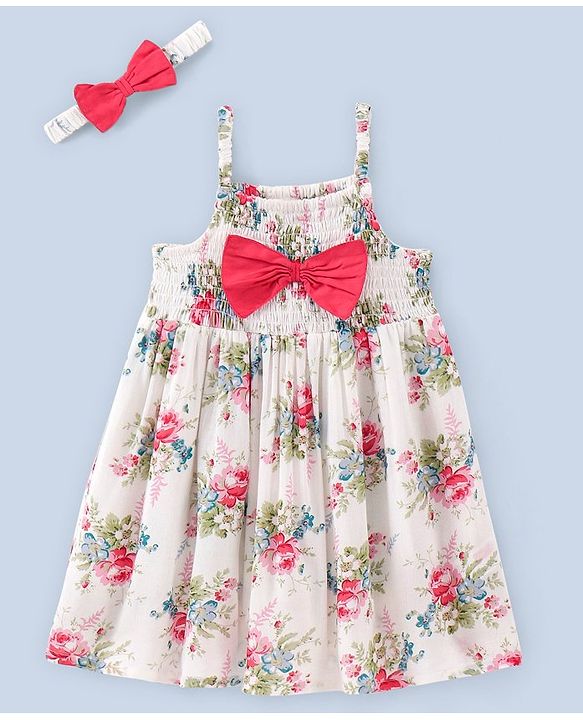 Babyhug Rayon Singlet Frock Floral with Headband - White