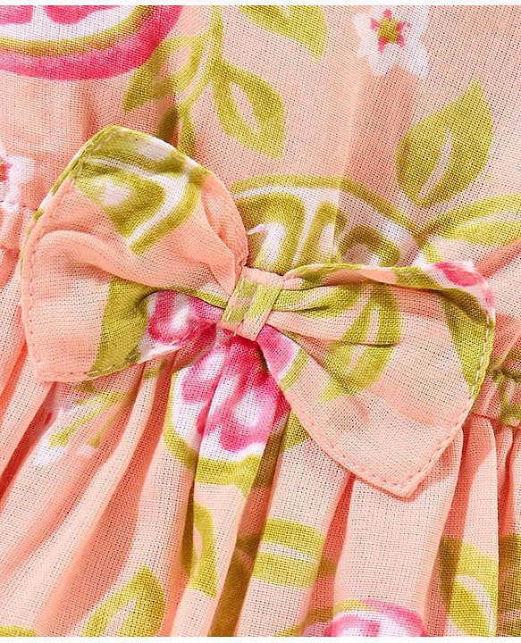 Babyhug Rayon Short Sleeves Fit and Flare Frock Floral Print - Peach