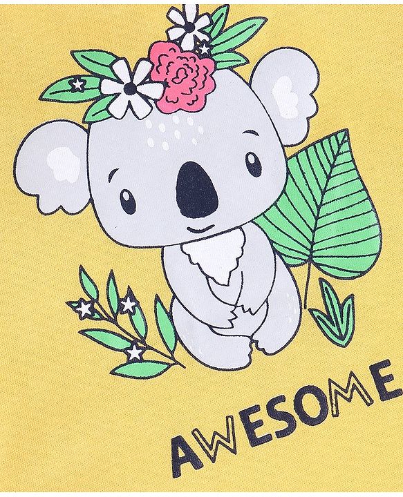Babyhug 100% Cotton Knit Half Sleeves Top Koala Print - Yellow