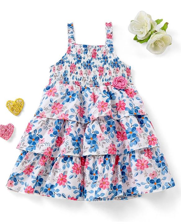Babyhug Sleeveless Rayon Frock With Flower Applique Floral Print - White & Blue