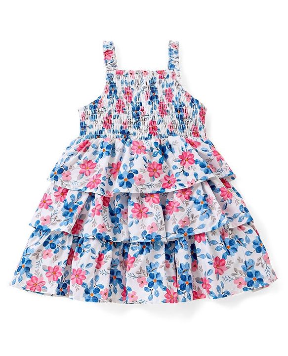 Babyhug Sleeveless Rayon Frock With Flower Applique Floral Print - White & Blue