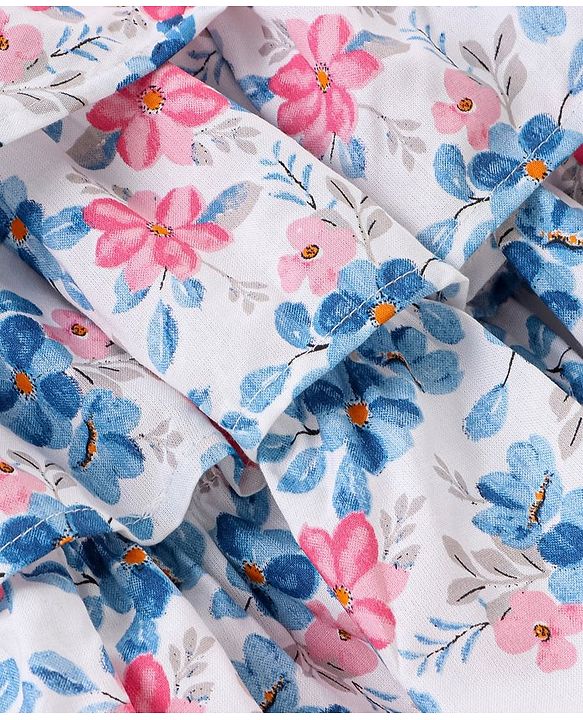 Babyhug Sleeveless Rayon Frock With Flower Applique Floral Print - White & Blue