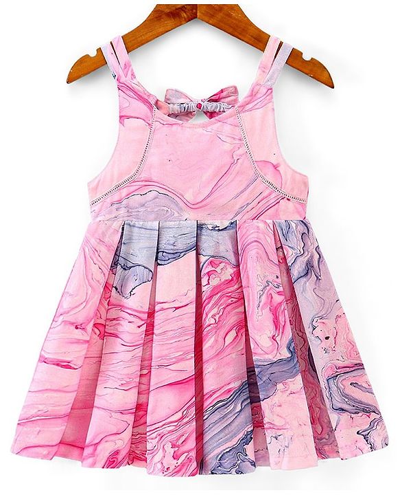 Babyhug Cotton Woven Sleeveless Frock with Bow Applique Marble Print - Pink (Design & Color May Vary)