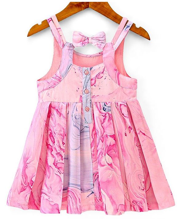 Babyhug Cotton Woven Sleeveless Frock with Bow Applique Marble Print - Pink (Design & Color May Vary)