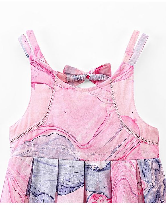 Babyhug Cotton Woven Sleeveless Frock with Bow Applique Marble Print - Pink (Design & Color May Vary)