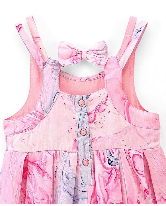 Babyhug Cotton Woven Sleeveless Frock with Bow Applique Marble Print - Pink (Design & Color May Vary)