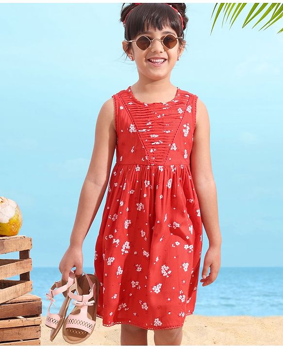 Babyhug Rayon Sleeveless Frock Floral with Headband - Red