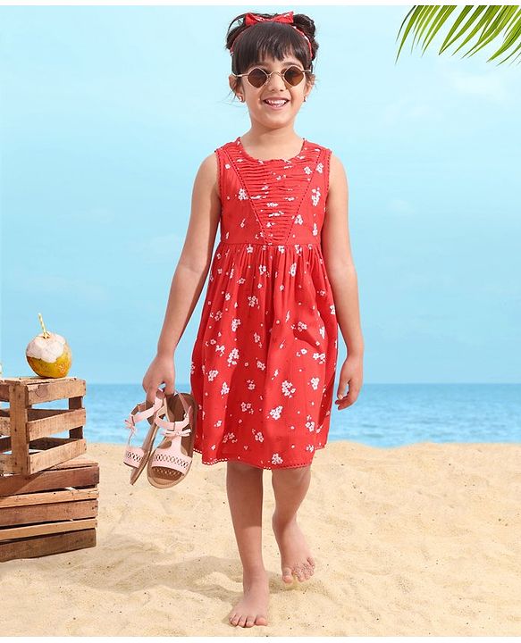 Babyhug Rayon Sleeveless Frock Floral with Headband - Red