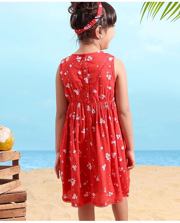 Babyhug Rayon Sleeveless Frock Floral with Headband - Red