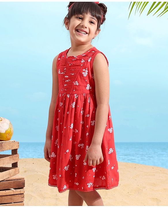 Babyhug Rayon Sleeveless Frock Floral with Headband - Red