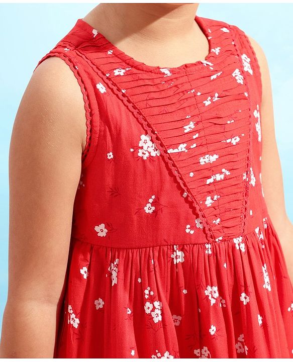 Babyhug Rayon Sleeveless Frock Floral with Headband - Red