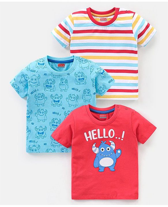 Babyhug Cotton Half Sleeves Striped & Monster Print T-Shirt Pack of 3 - Red & Blue