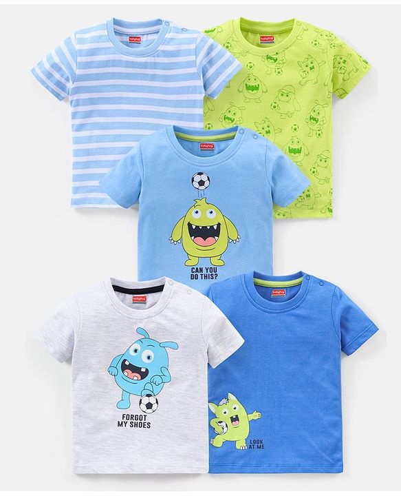 Babyhug Cotton Half Sleeves T-Shirt Striped & Monster Print - Grey Blue & Green