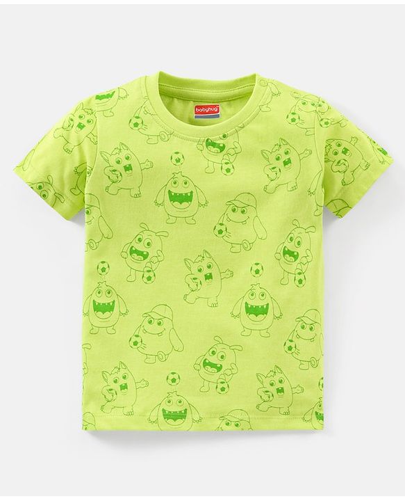 Babyhug Cotton Half Sleeves T-Shirt Striped & Monster Print - Grey Blue & Green