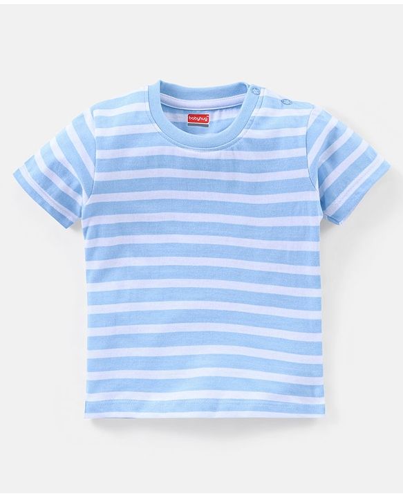 Babyhug Cotton Half Sleeves T-Shirt Striped & Monster Print - Grey Blue & Green