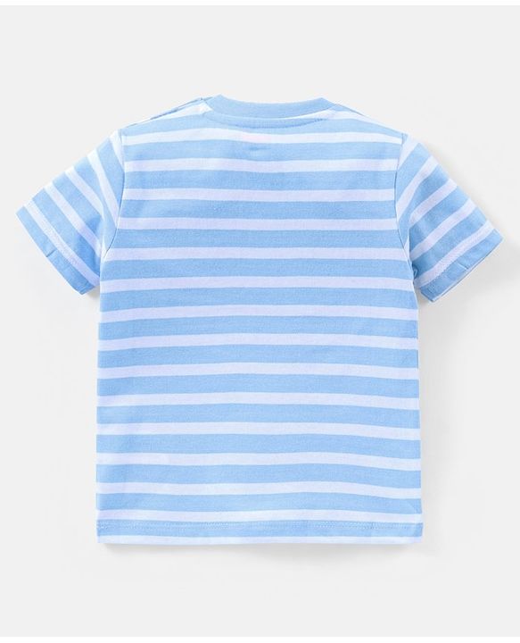 Babyhug Cotton Half Sleeves T-Shirt Striped & Monster Print - Grey Blue & Green