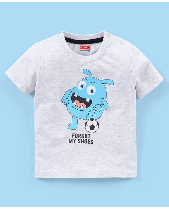 Babyhug Cotton Half Sleeves T-Shirt Striped & Monster Print - Grey Blue & Green