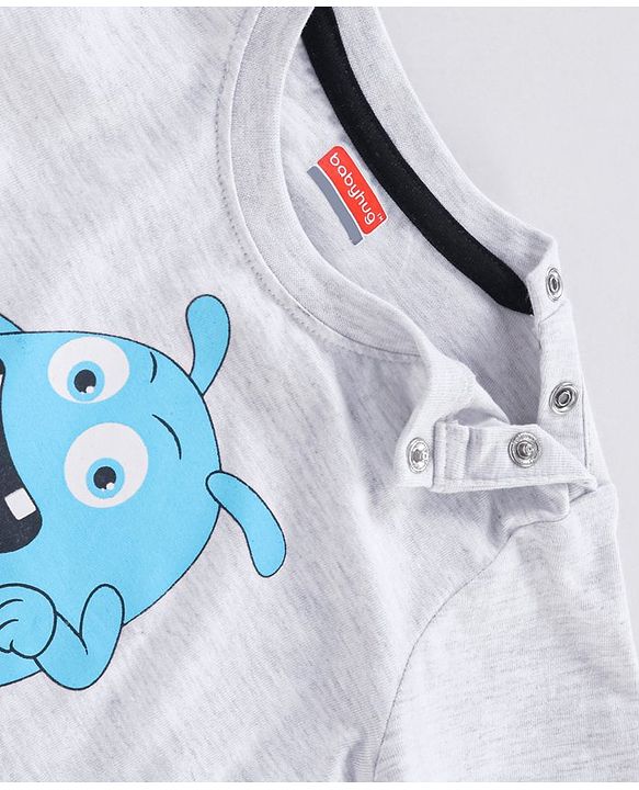 Babyhug Cotton Half Sleeves T-Shirt Striped & Monster Print - Grey Blue & Green