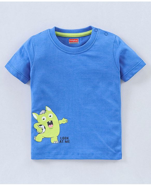 Babyhug Cotton Half Sleeves T-Shirt Striped & Monster Print - Grey Blue & Green