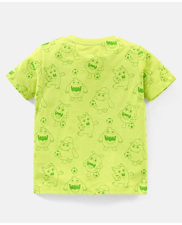 Babyhug Cotton Half Sleeves T-Shirt Striped & Monster Print - Grey Blue & Green