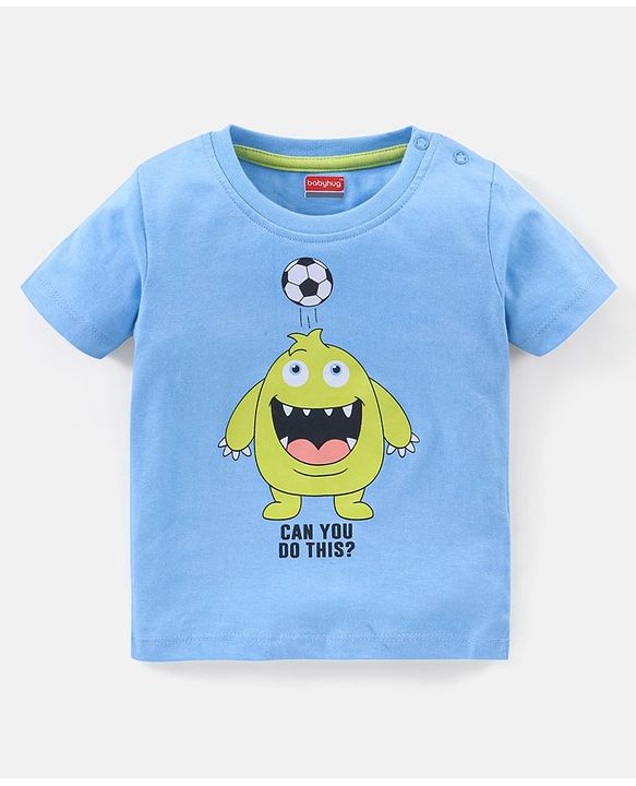 Babyhug Cotton Half Sleeves T-Shirt Striped & Monster Print - Grey Blue & Green