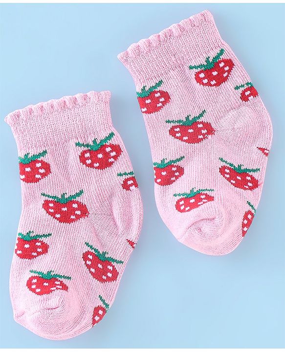 Cute Walk by Babyhug Anti Bacterial Ankle Length Strawberry Print Socks Pack of 3 - Pink White & Red