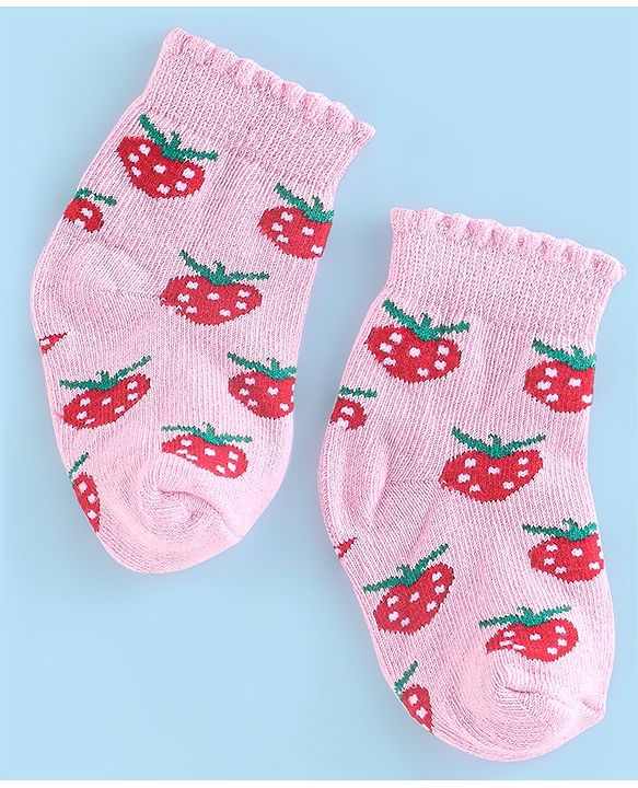 Cute Walk by Babyhug Anti Bacterial Ankle Length Strawberry Print Socks Pack of 3 - Pink White & Red