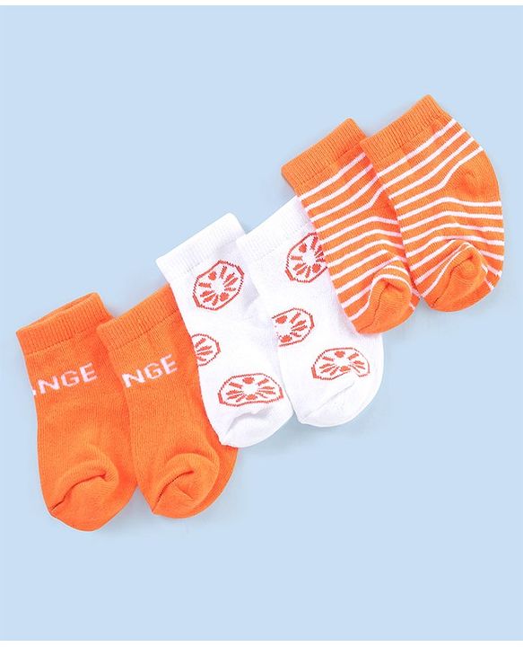 Cutewalk By Babyhug Anti Bacterial Ankle Length Socks Striped & Lemon Design Pack Of 3- Orange & White