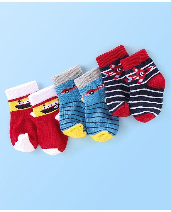 Cutewalk By Babyhug Anti Bacterial Ankle Length Vehicle Print Socks Pack Of 3 - Blue & Red