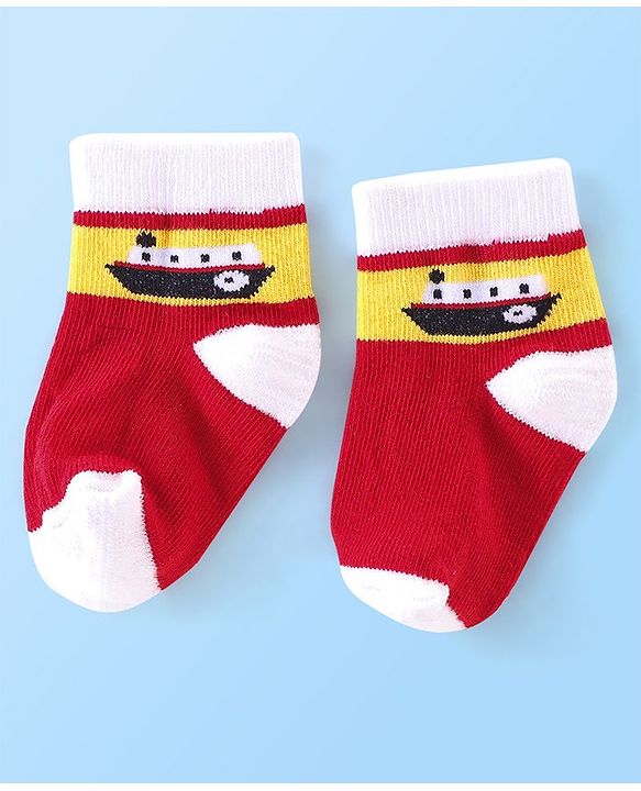 Cutewalk By Babyhug Anti Bacterial Ankle Length Vehicle Print Socks Pack Of 3 - Blue & Red
