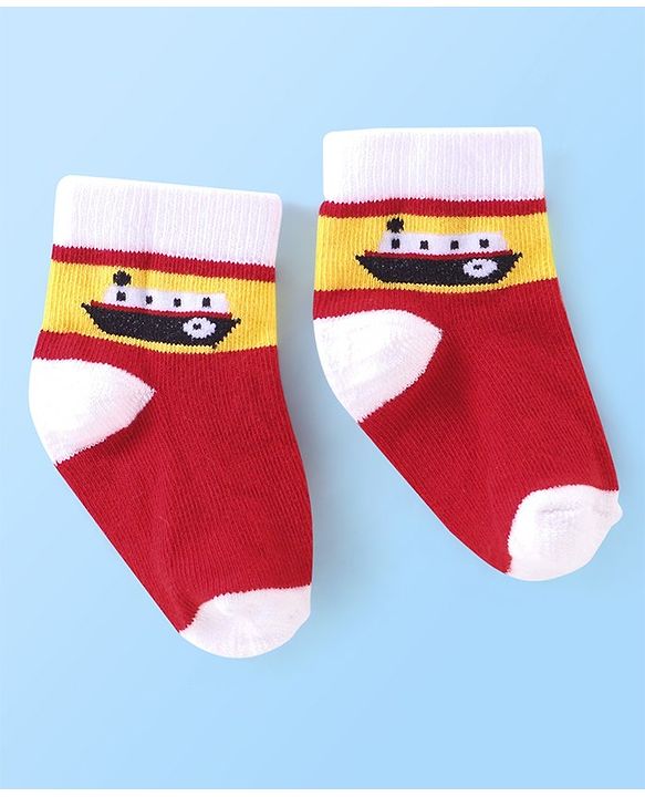Cutewalk By Babyhug Anti Bacterial Ankle Length Vehicle Print Socks Pack Of 3 - Blue & Red