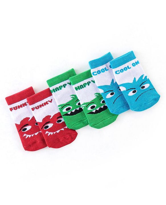 Cute Walk by Babyhug Non Terry Anti Bacterial Ankle Length Monster Design Socks Pack of 3 - Red Blue & Green