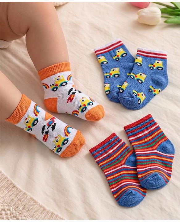 Cutewalk By Babyhug Antibacterial Ankle Length Socks Car & Stripes Design Pack Of 3- Blue & Red