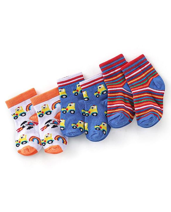 Cutewalk By Babyhug Antibacterial Ankle Length Socks Car & Stripes Design Pack Of 3- Blue & Red