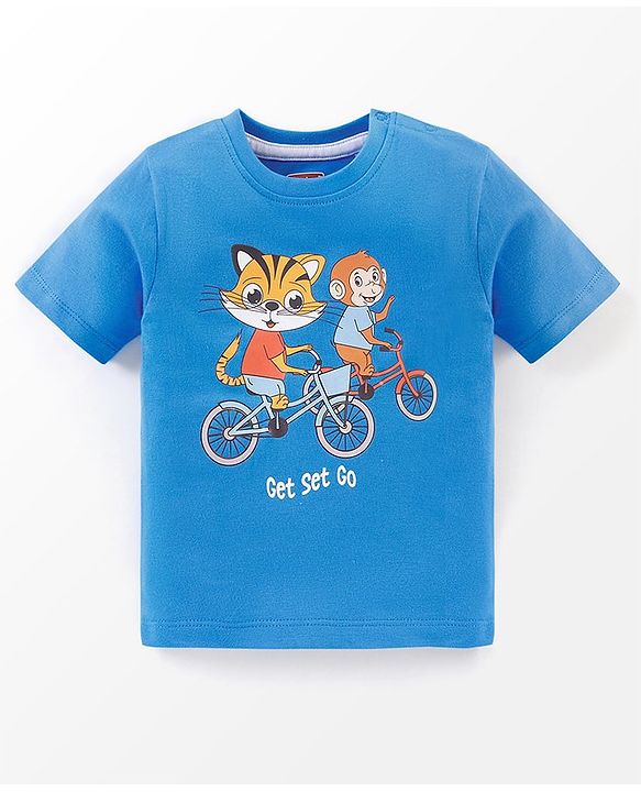 Babyhug 100% Cotton Half Sleeves T-Shirt And Shorts Tiger & Monkey Print - Blue