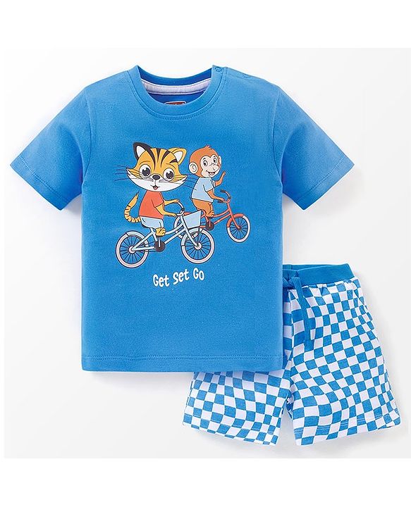 Babyhug 100% Cotton Half Sleeves T-Shirt And Shorts Tiger & Monkey Print - Blue