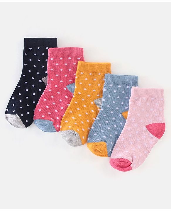 Cutewalk By Babyhug Anti Bacterial Ankle Length Socks Polka Dot Design Pack of 5- Pink Yellow & Blue