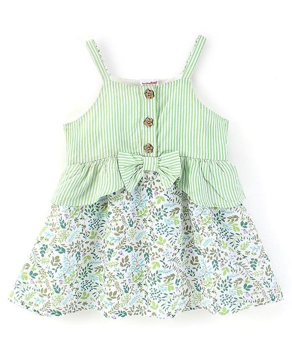 Babyhug Rayon Singlet Sleeves Frock With Floral Print - Green