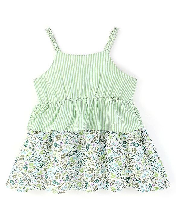 Babyhug Rayon Singlet Sleeves Frock With Floral Print - Green