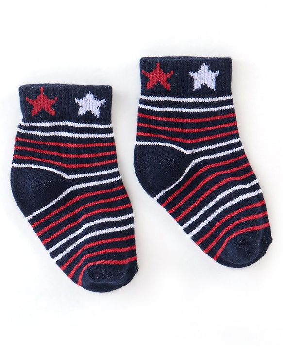 Cute Walk by Babyhug Non Terry Anti Bacterial Ankle Length Socks Stripes & Star Design Pack of 5 - Red Blue & White