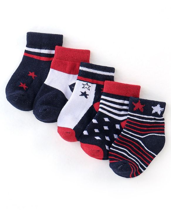 Cute Walk by Babyhug Non Terry Anti Bacterial Ankle Length Socks Stripes & Star Design Pack of 5 - Red Blue & White